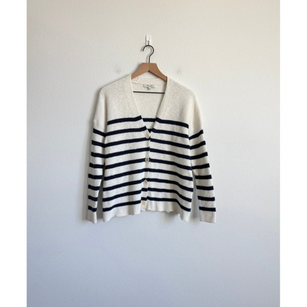 Madewell Ribbed Cardigan Small White Navy Blue Nautical Striped Knit Sweater